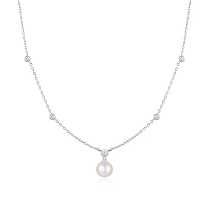 Silver Bezel-Set Station Necklace with Shell Pearl Pendant