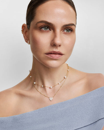 Gold Alternating Shell Pearl Station Necklace