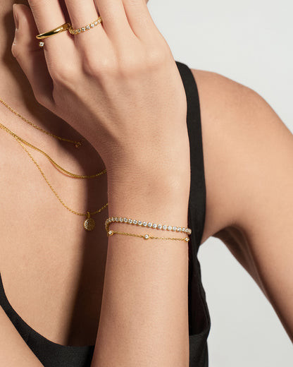 Gold Row Bezel Set Bracelet worn on wrist