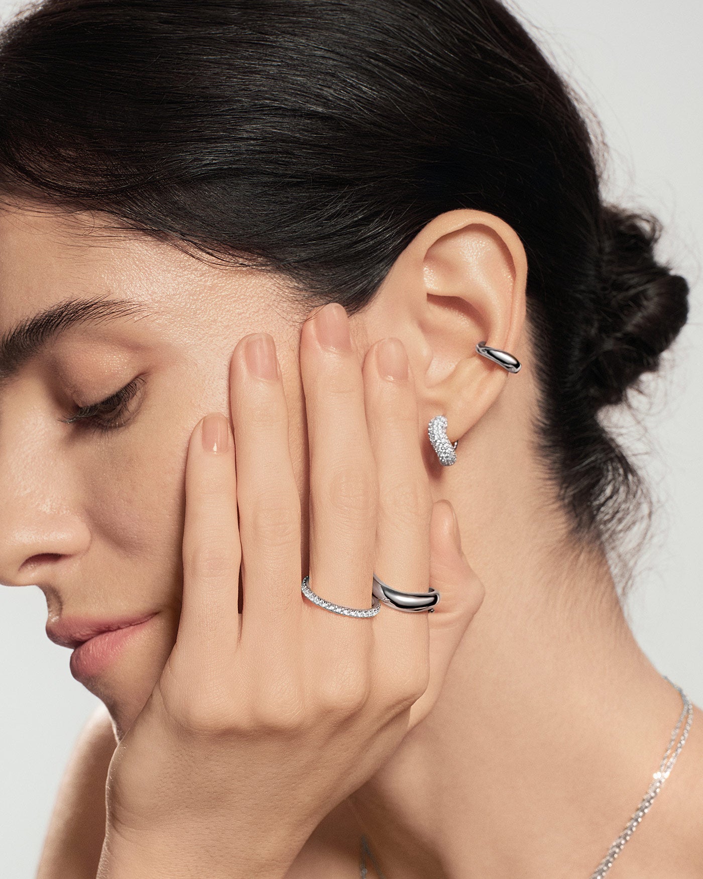 Silver Chunky Pavé Wave Huggie Hoop Earrings