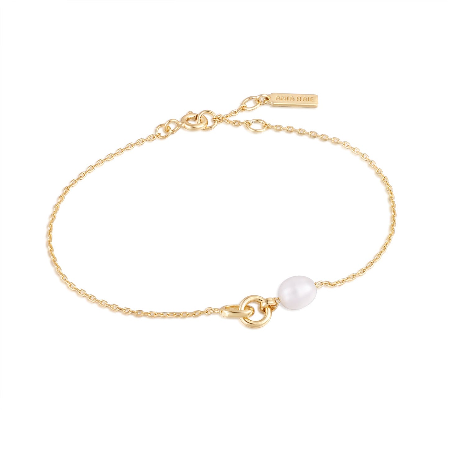 Gold pearl link chain bracelet