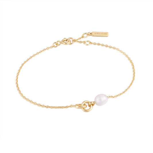 Gold pearl link chain bracelet