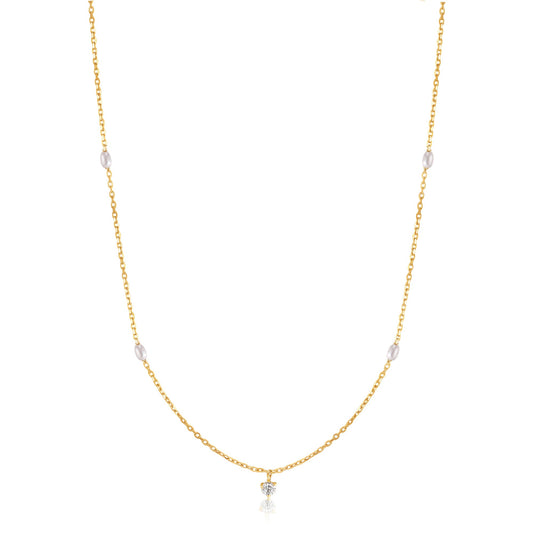 14kt Gold Pearl and White Sapphire Necklace