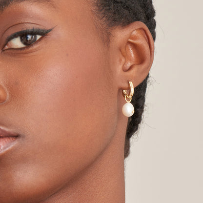 Gold Pearl Drop Sparkle Huggie Hoop Earrings 